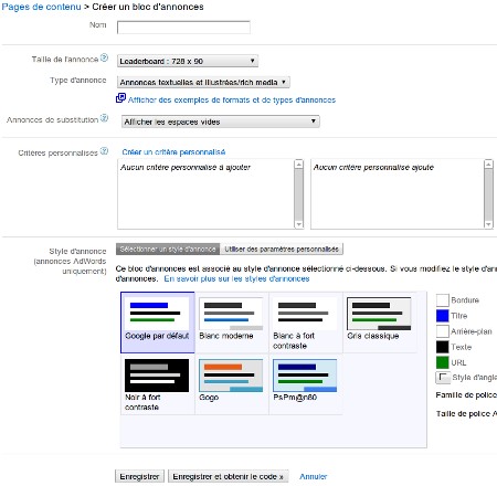Créer bloc annonce Adsense