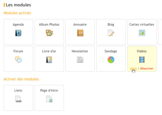 Gestion des modules du site