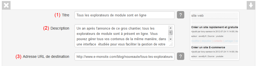 Renseigner un titre, une description et l'url de la page de destination