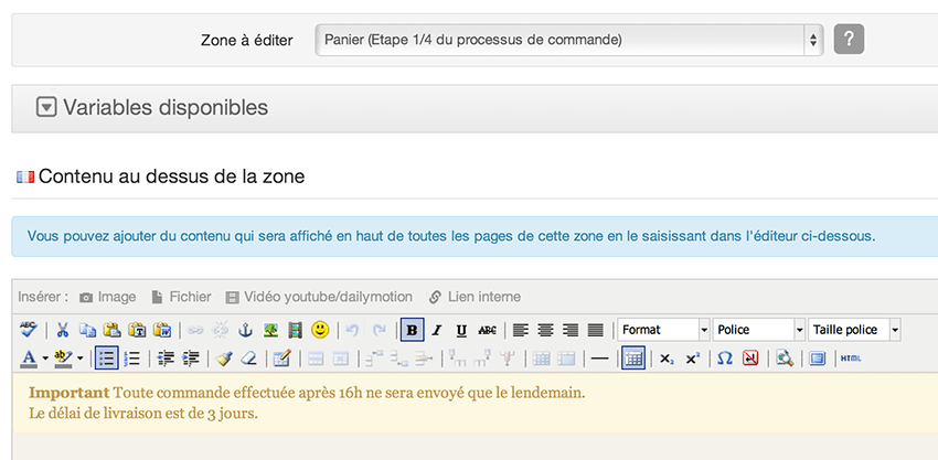 Zones éditables de la boutique : exemple d'édition