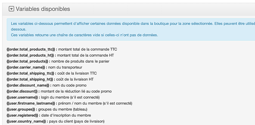 Zones éditables de la boutique : les variables