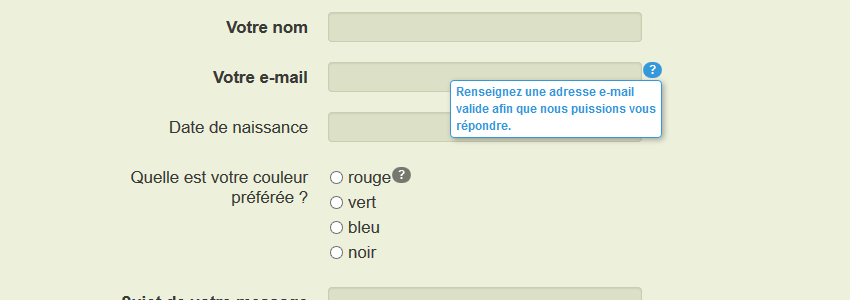 Bulles d'aide dans un formulaire de contact