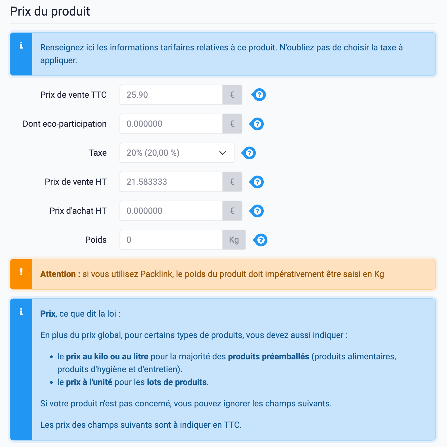 Prix du produit