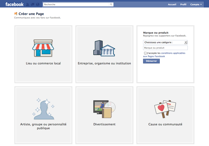 Première étape pour la création d'une page facebook