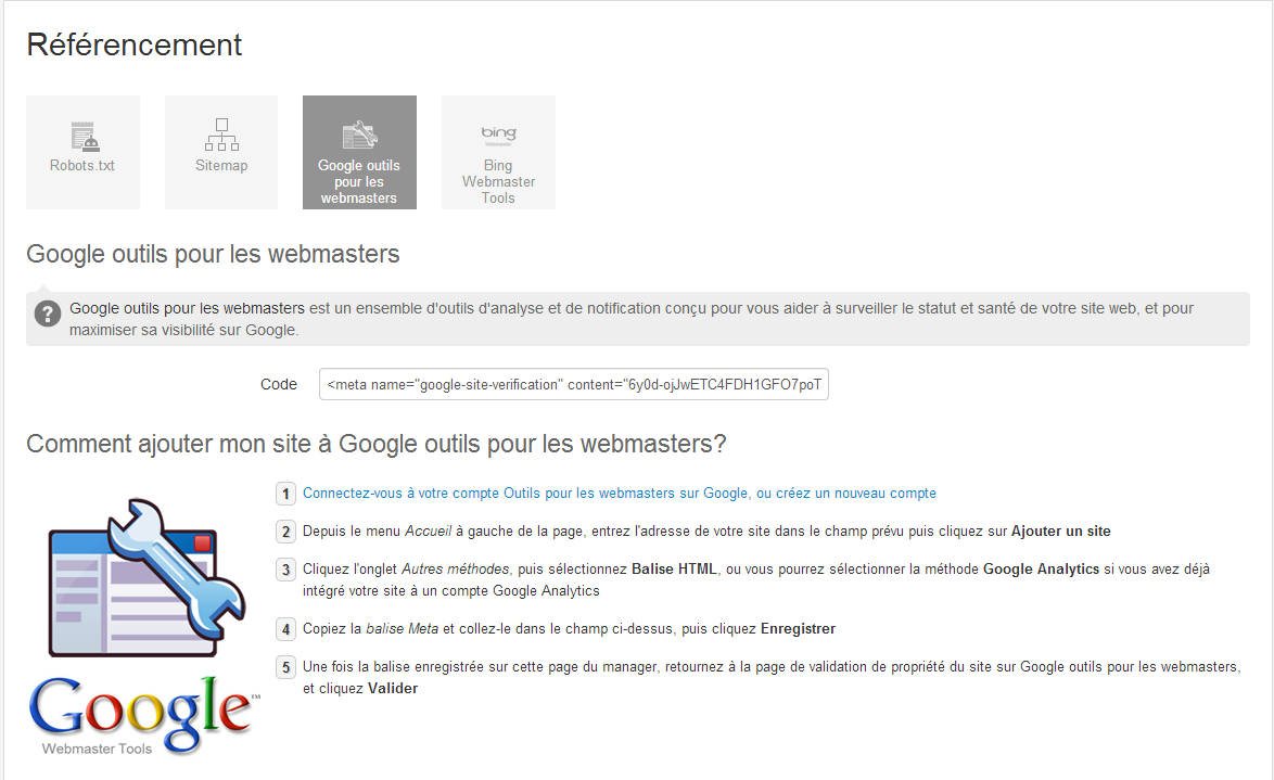 Coller la balise meta dans votre manager sur e-monsite