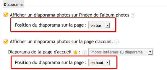 Choisir la position du diaporama de l'album photos