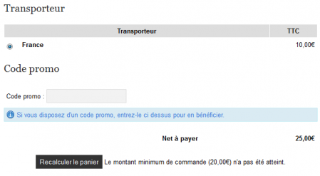 Le montant minimum pour accepter la commande n'a pas été atteint