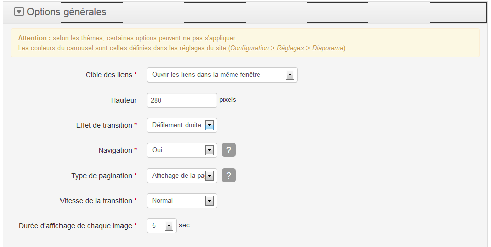 Les options générales du carrousel